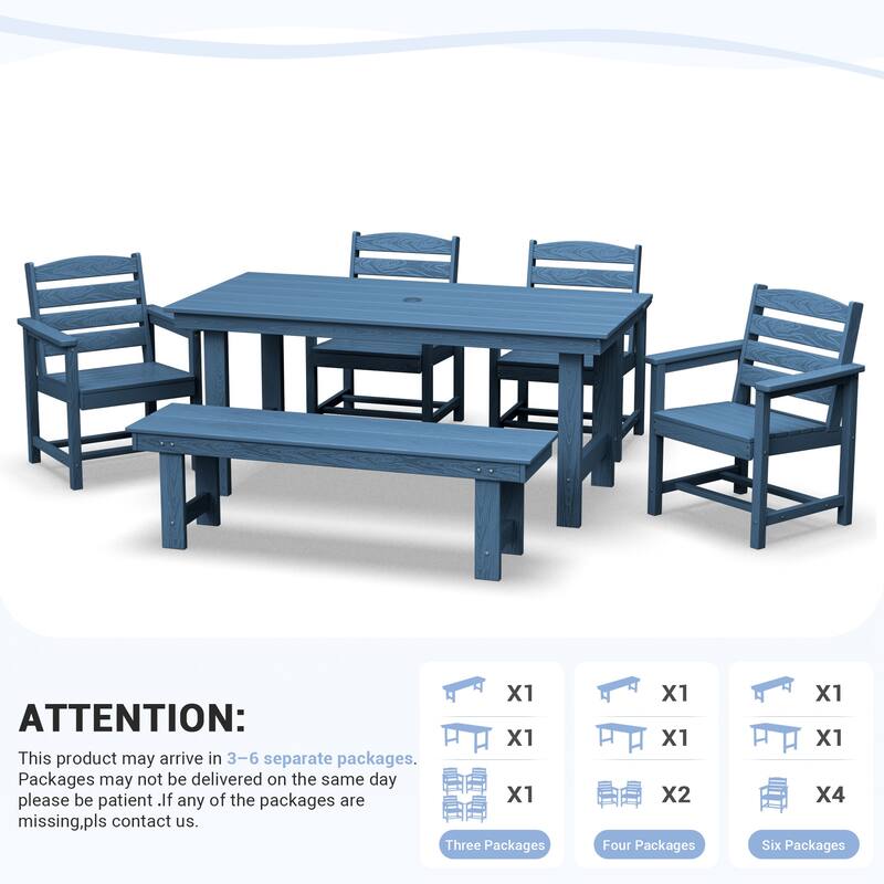 6-Piece HDPE Outdoor Dining Table Sets with Umbrella Hole - 1-Table 4-Chairs-1-Bench