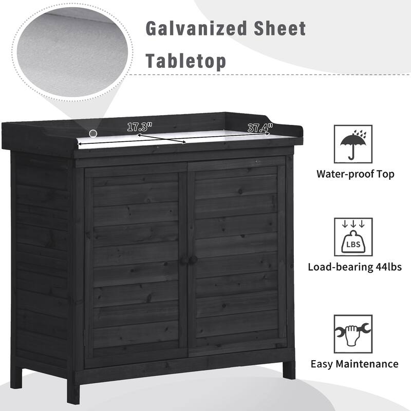 39" Potting Bench Table, Rustic Wood Workstation Storage Cabinet Garden Shed with 2-Tier Shelves and Side Hook