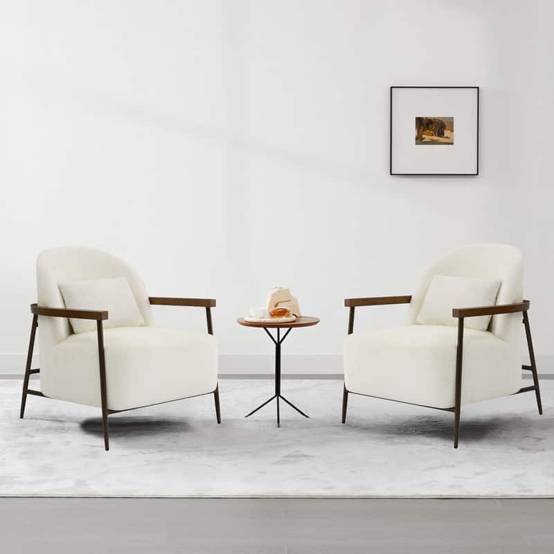 Spruce & Spring Anthony Modern Upholstered Faux Sherpa Chair with Wood Arms&Metal Legs - Set of 2 - Cream-Smooth Woven Fabric