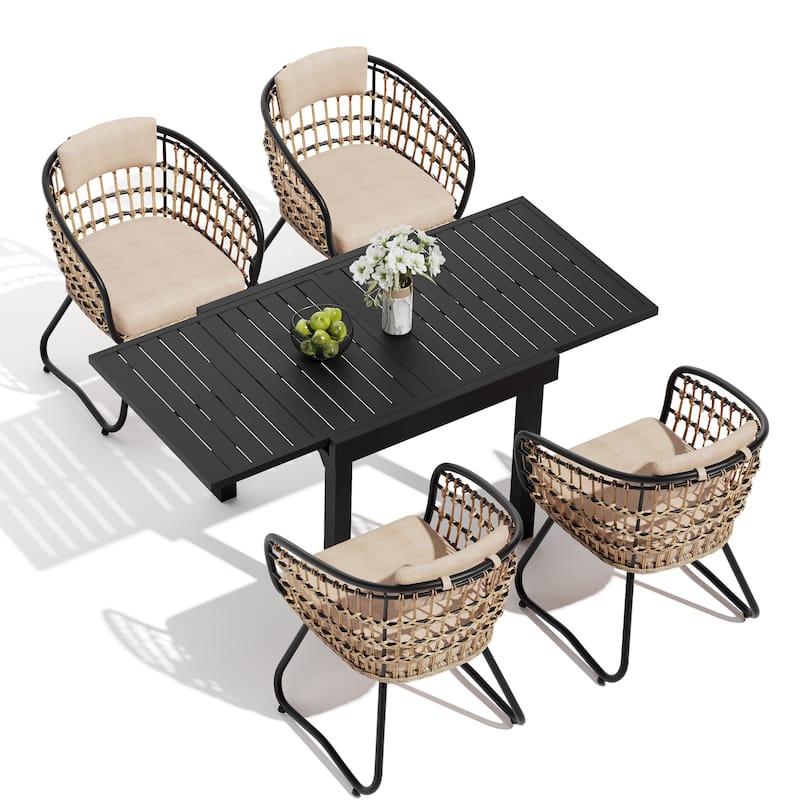 5/7/11-Piece Set Outdoor Aluminum Extendable Patio Dining Table Set with Rattan Chairs