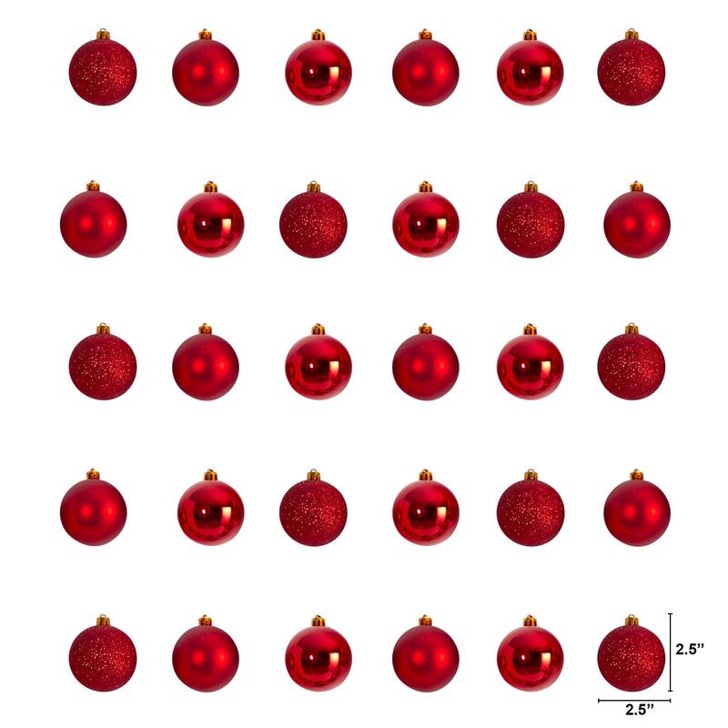 Shatterproof 3-Finish Christmas Ball Ornaments - 2.5" (60mm) - Red - 30ct