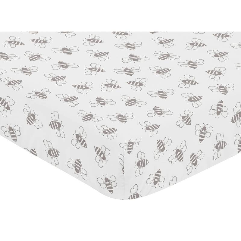 Sweet Jojo Designs Grey Bee Boy Girl Gender Neutral Unisex Fitted Crib Sheet Abstract Honeybee Bumblebee Flying Bees White Gray
