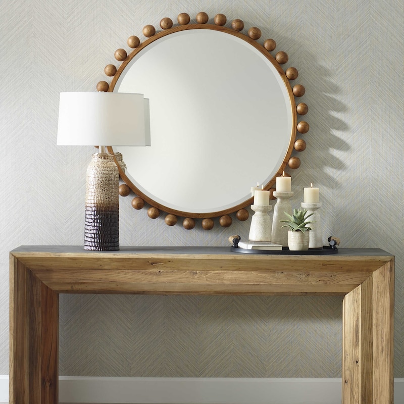 Wooden Beaded Framed Round Wall Mirror - 44" - Brown