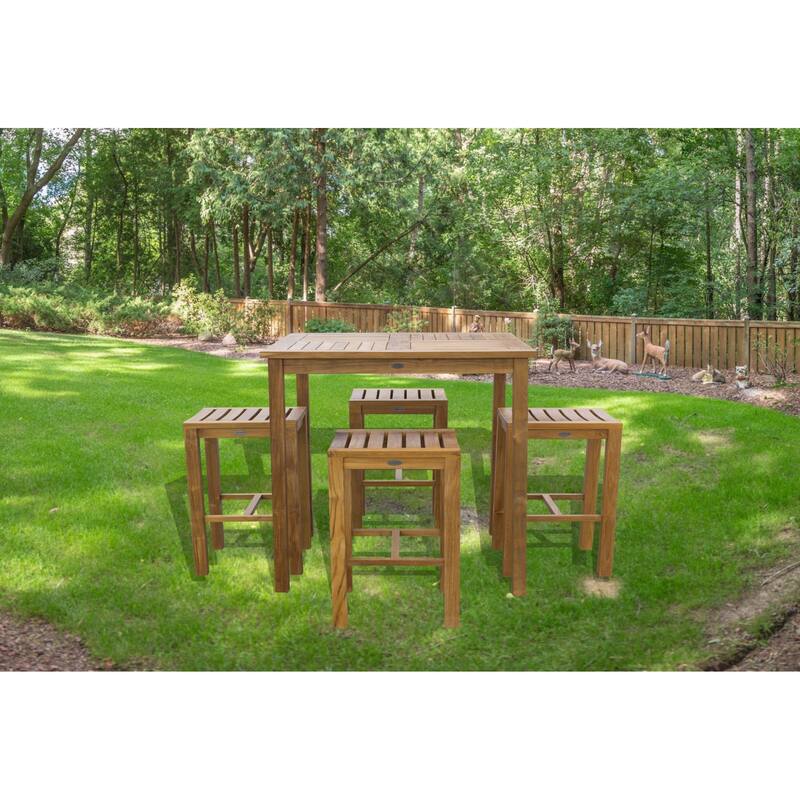Chic Teak 5 Piece Teak Wood Havana Patio Bistro Bar Set with 35" Square Table & 4 Barstools