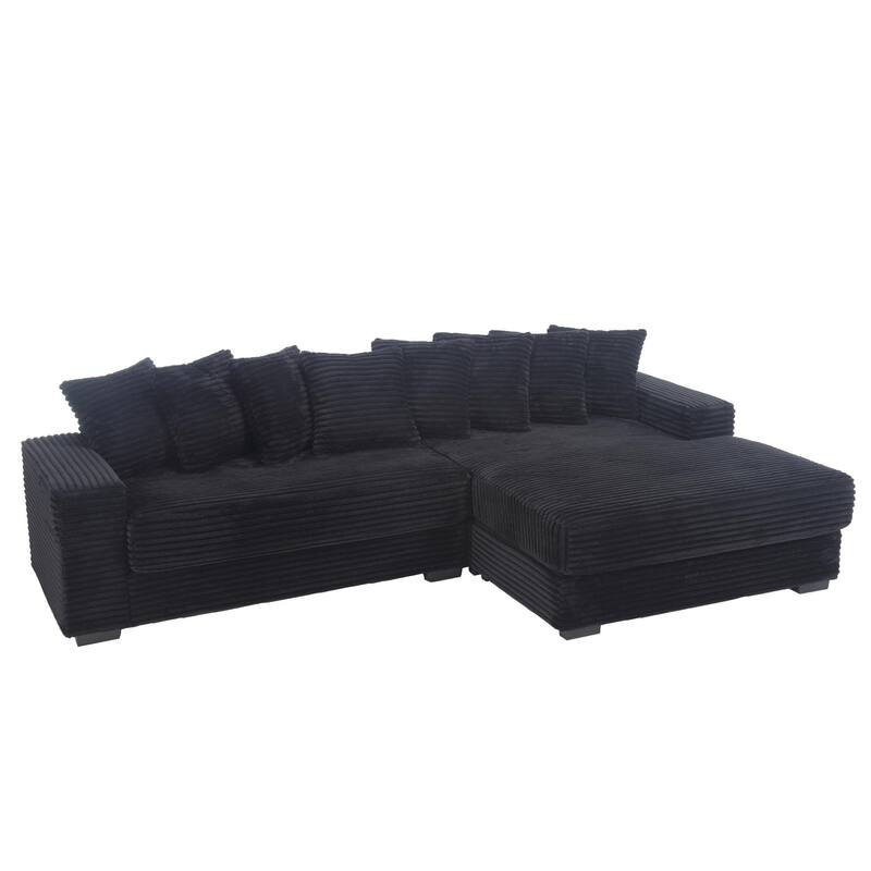 111" Corduroy L-Shape Sectional Sofa with Right Chaise, 8 Throw Pillows and Square Armrests