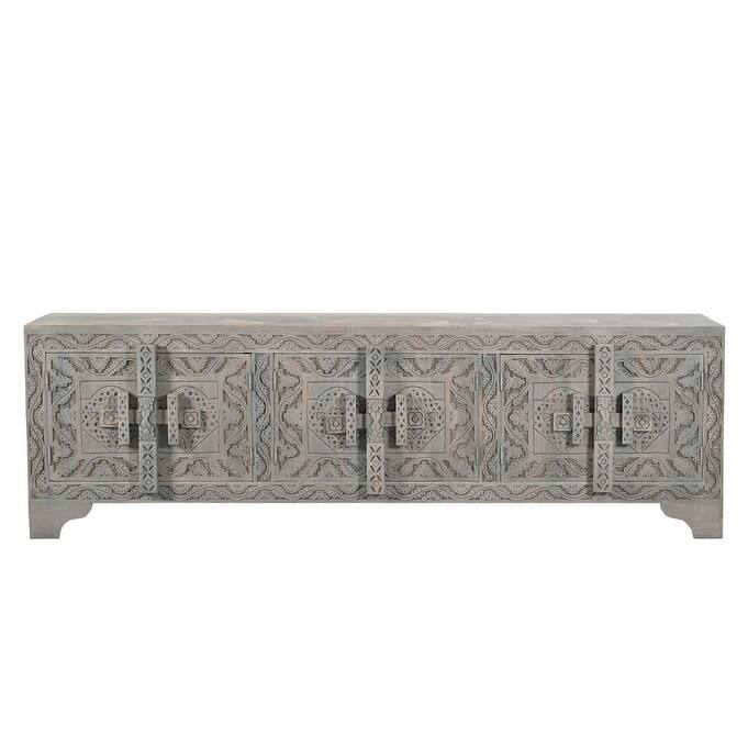HomeRoots 79" Gray Carved Scrollwork Distressed Solid Wood Enclosed Storage TV Stand - 79' X '24' X '16
