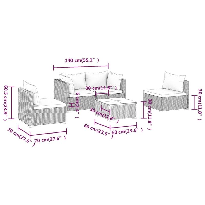 vidaXL Patio Lounge Set Outdoor Sectional Sofa Set Table Garden Poly Rattan - 27.6" x 27.6" x 23.8"