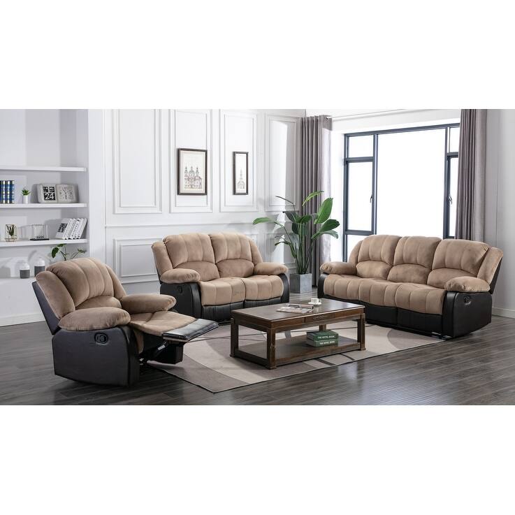 NHI 3 Pieces Fabric & PU Leather Recliner Sofa Set-B , Chocolate,Beigh,Grey - 121*109*38