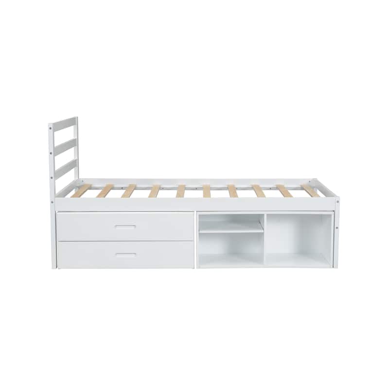 Wood Platform Bed with Removable Storage Shelves and Two Drawers