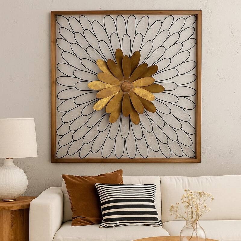 Metal Wall Decor with Wooden Frame and Leafy Flower, Bronze