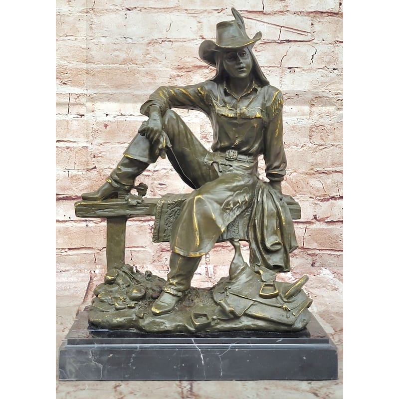 Bronze Cowgirl Sculpture – Western Lady On Fence Statue