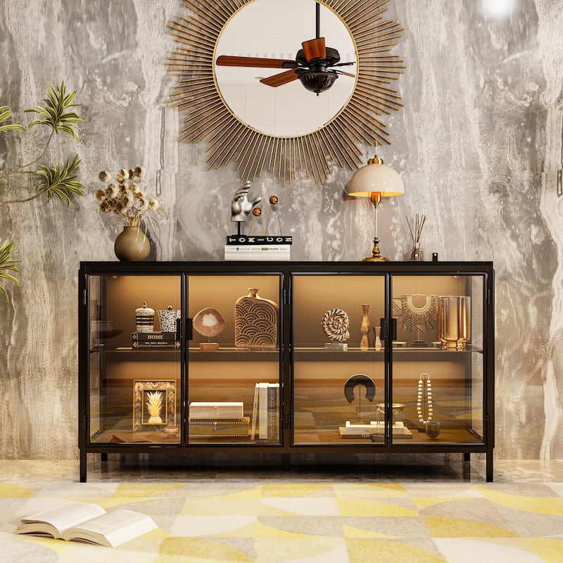 55.1"W Diplay Cabinet Collectible Cabinet Metal Frame with Lighting