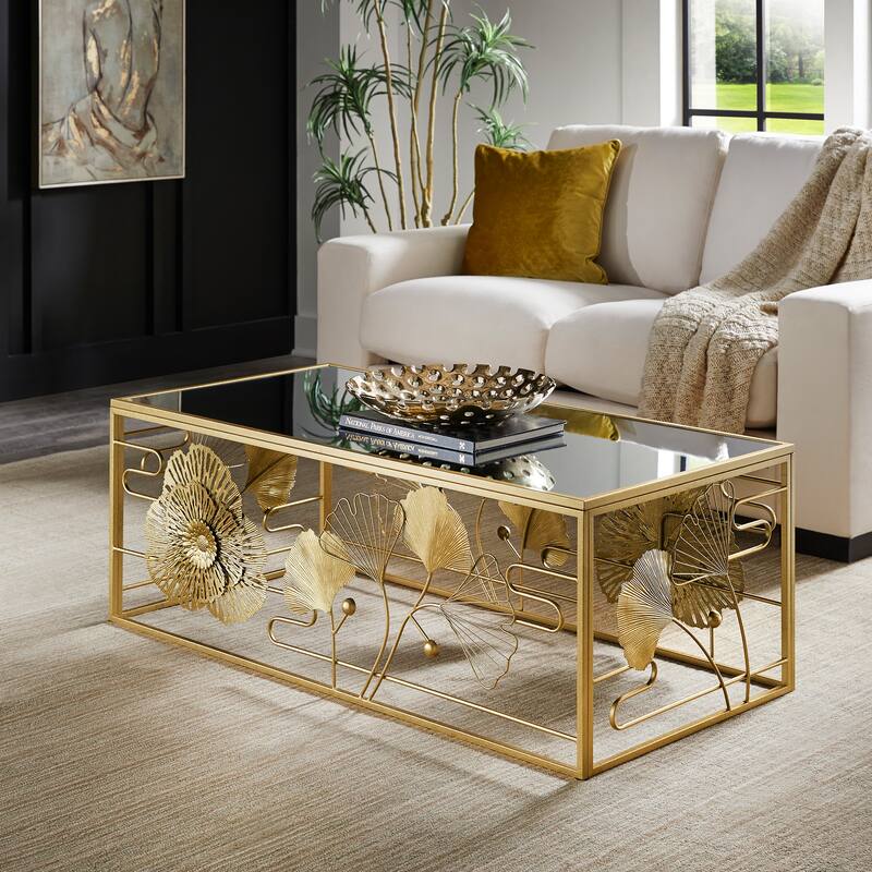Pomonok Gold Finish Peony and Ginkgo Coffee and End Table Set with Mirror Top by iNSPIRE Q Bold