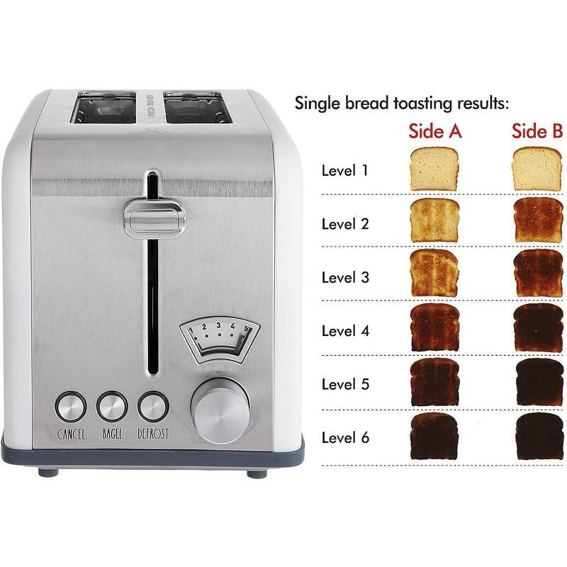 Rae Dunn Toaster, Stainless Steel 2 Slice Square Toaster, Wide Slot with 5 Browning Levels, with Bagel, Defrost