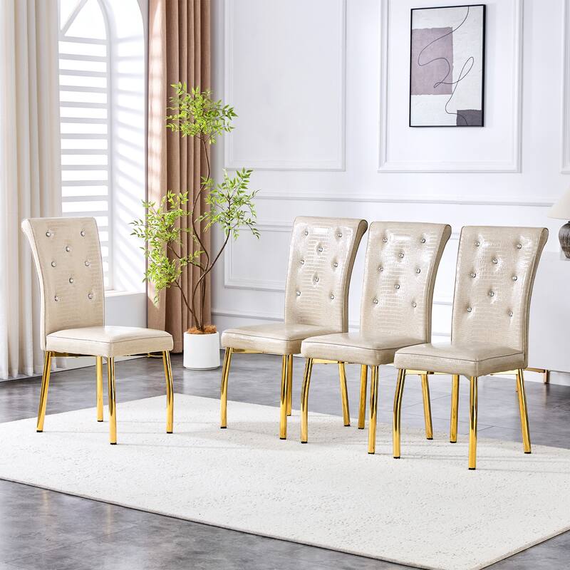 A set of 2 vintage crocodile leather cushioned dining chairs, featuring crystal clasp design and artificial leather design