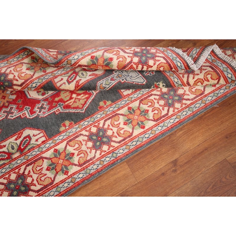 Geometric Kazak Oriental Accent Rug Handmade Grey Wool Carpet - 3'1" x 5'1"