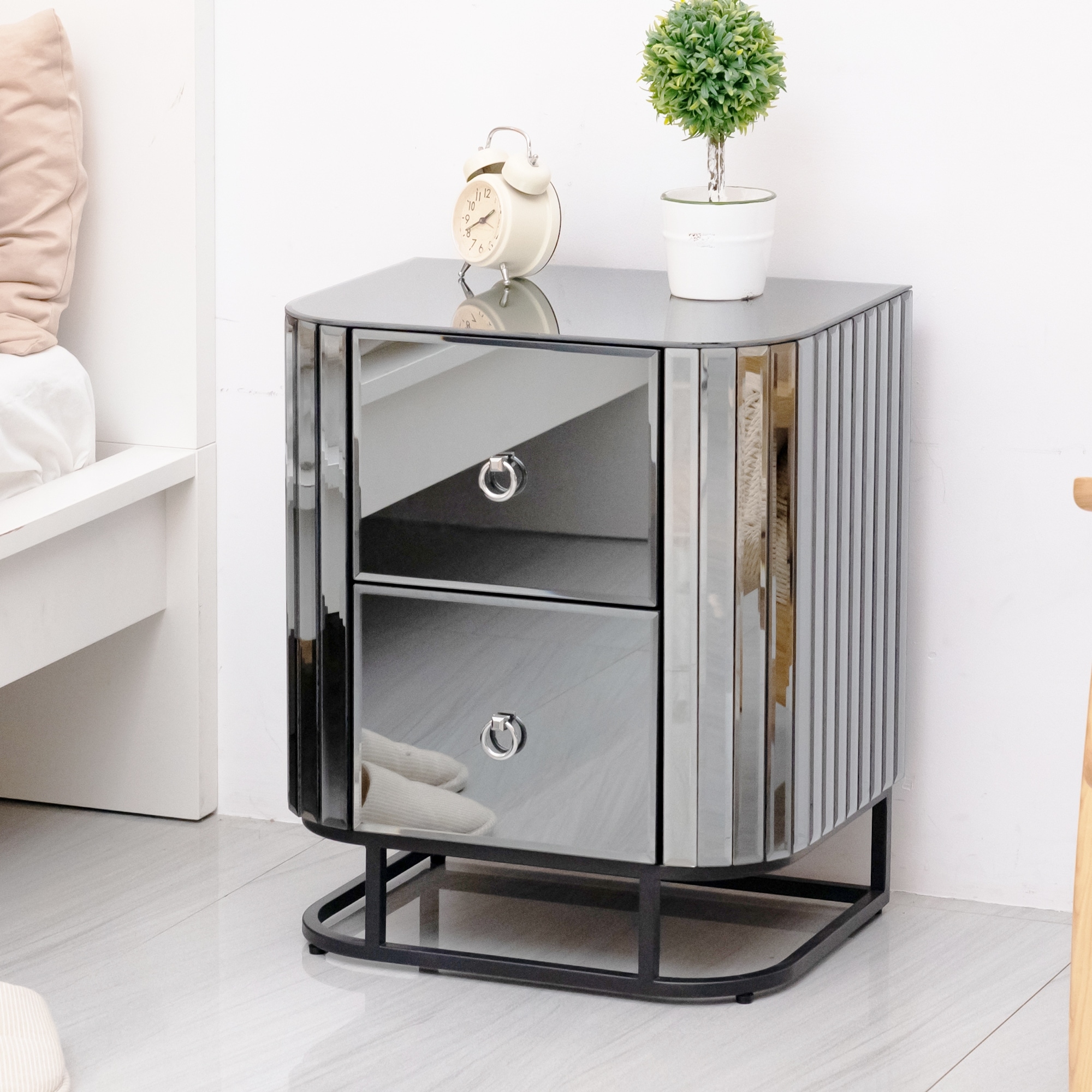 Phoebe round mirrored bedside shop table