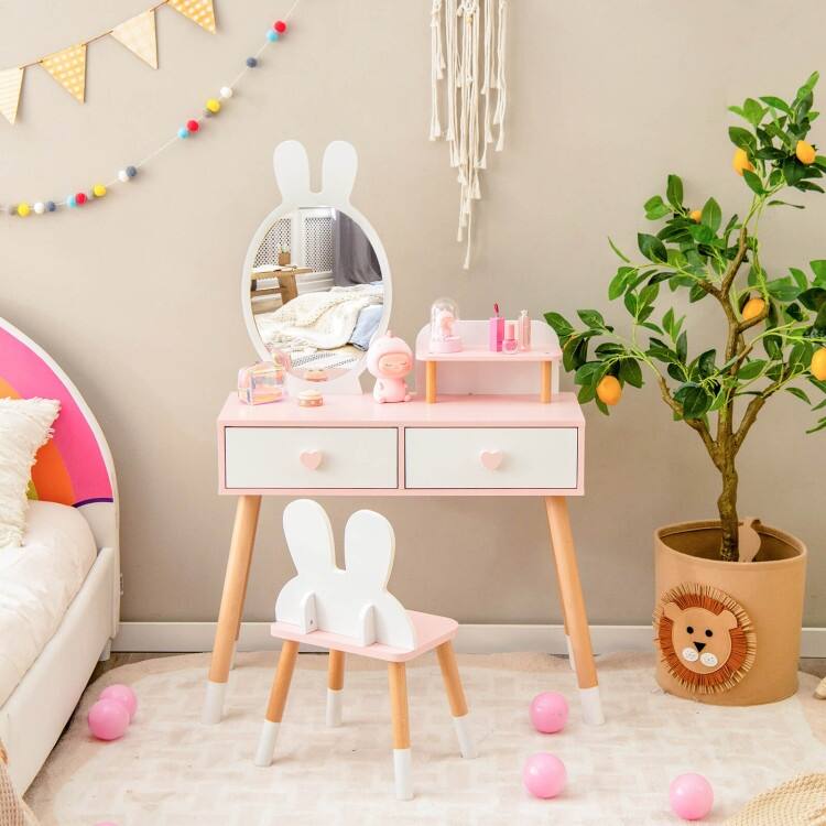 2 in 1 Wooden Princess Kids Vanity Set with Mirror-White - N/A