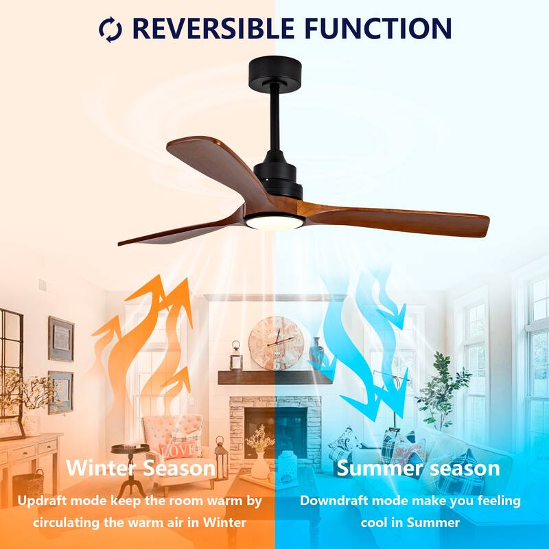 52" Ceiling Fan w/ Light 3 Solid Wood Blades Remote Control Reversible DC Motor