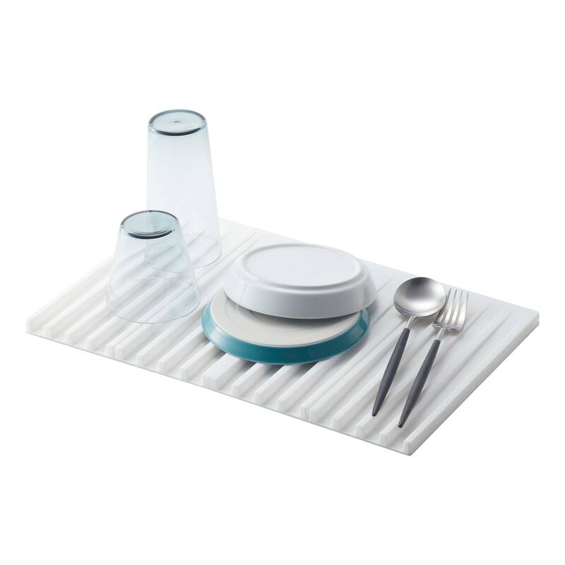 Yamazaki Home Folding Dish Drainer Mat and Trivet, Silicone, Collapsible - L 9.84 x W 15.94 x H 0.51 inches - White