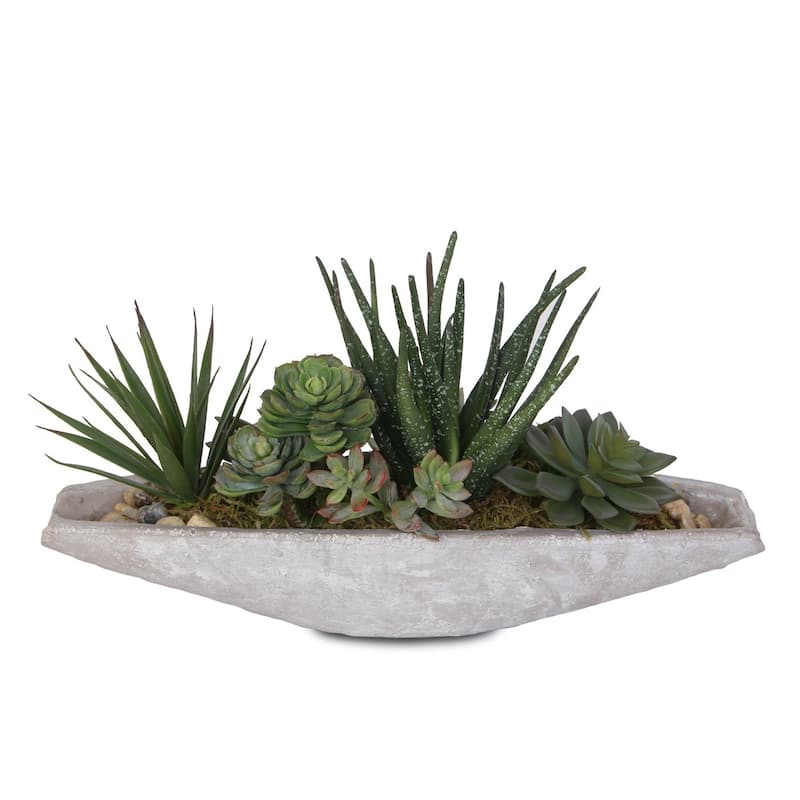 Artificial Succulents Arrangement in Boat Shape Stone Wash Cement Pot - 16W x 6.5D x 6.5H
