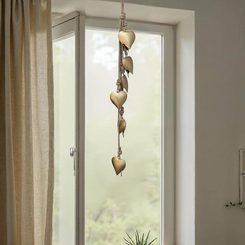 Zema 6 Heart Shape Iron Bells on 35 Inch Jute Hanging Rope, Antique Gold Wall Decor - Gold