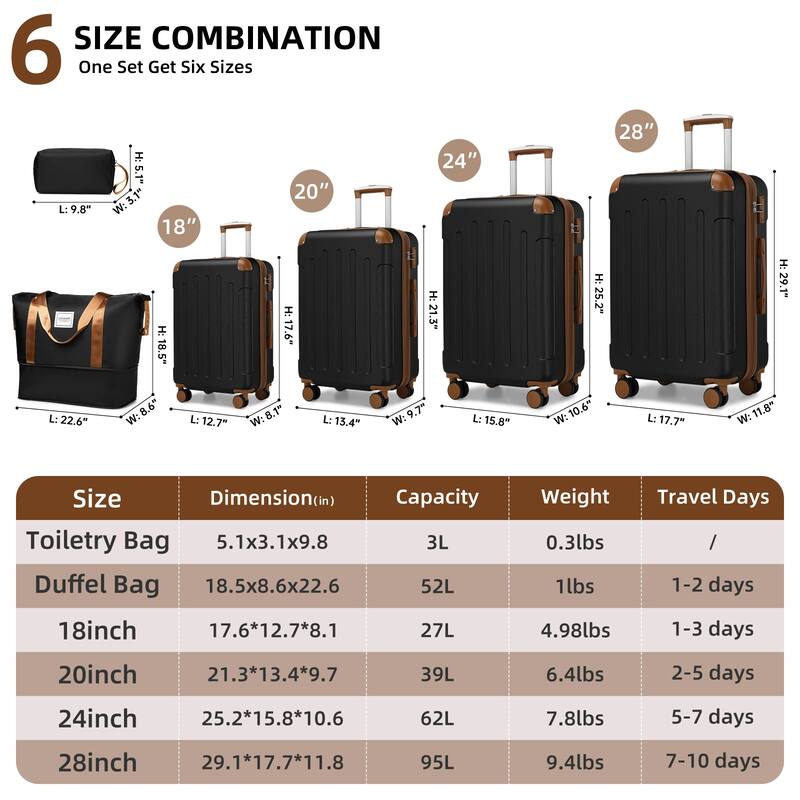 6-Piece, Luggage Sets, Hard-Shell Expandable Luggage with Spinner Wheels and Combination Lock, for Boarding Travel