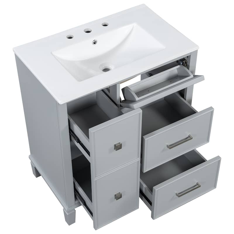 30" Bathroom Vanity with Ceramic Sink, Flip-Out Drawer, Soft Close Doors & Drawers Cabinet with Solid Wood Legs