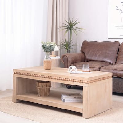 Modern Wood Coffee Table with Beaded Trim and Open Storage Shelf for Stylish Living Room Decor