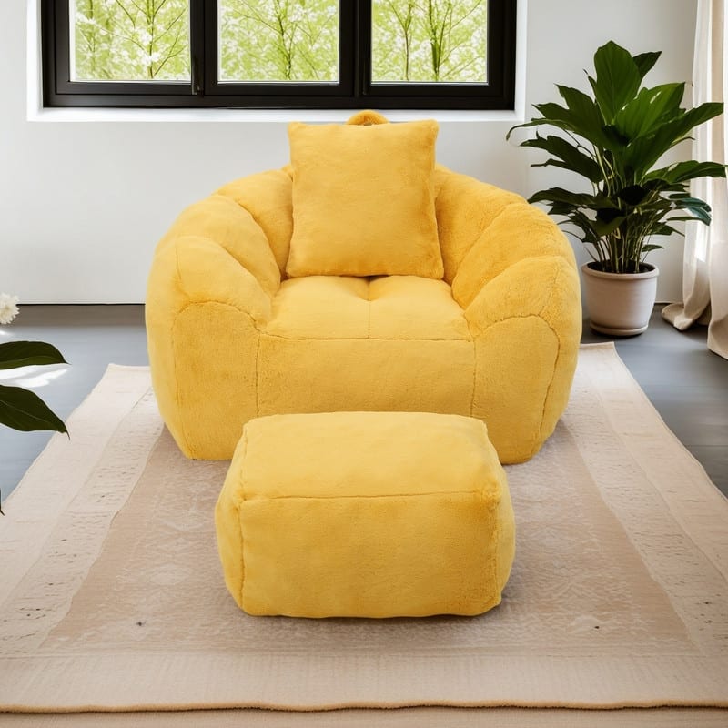 Faux Fur Shell Bean Bag Chair Sets with Footstool and High-Density Foam