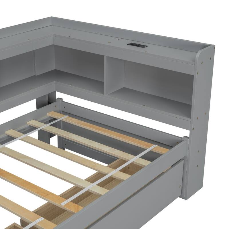 Twin Size L-shaped Bookcases Bed with Power Outlets, USB Charging Ports and Two Drawers