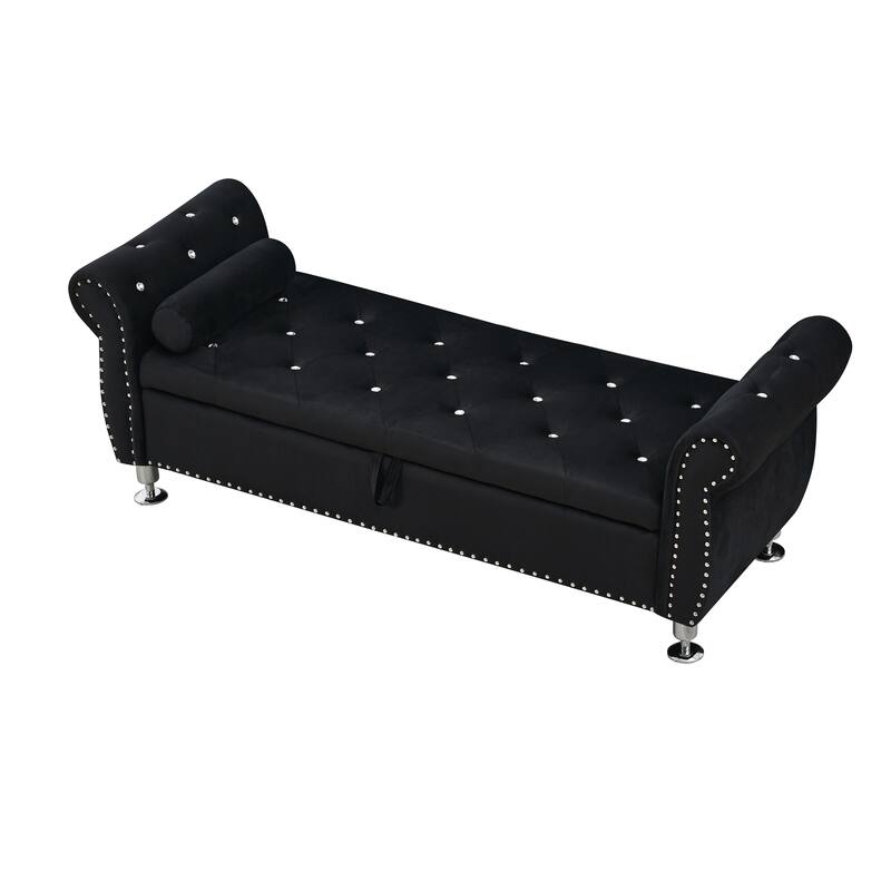 Velvet Storage Bench 62.2 Inch Upholstered Tufted Ottoman Bench with Rolled Arms, Large End of Bed Bench with Rivet Decoration