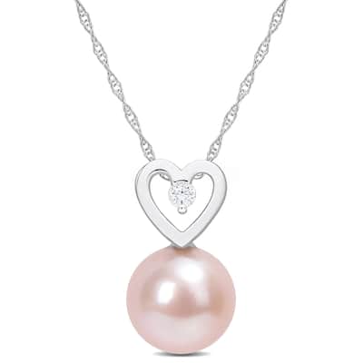 Miadora 9.5-10mm Pink Cultured Freshwater Pearl and Diamond Accent Heart Drop 10k White Gold