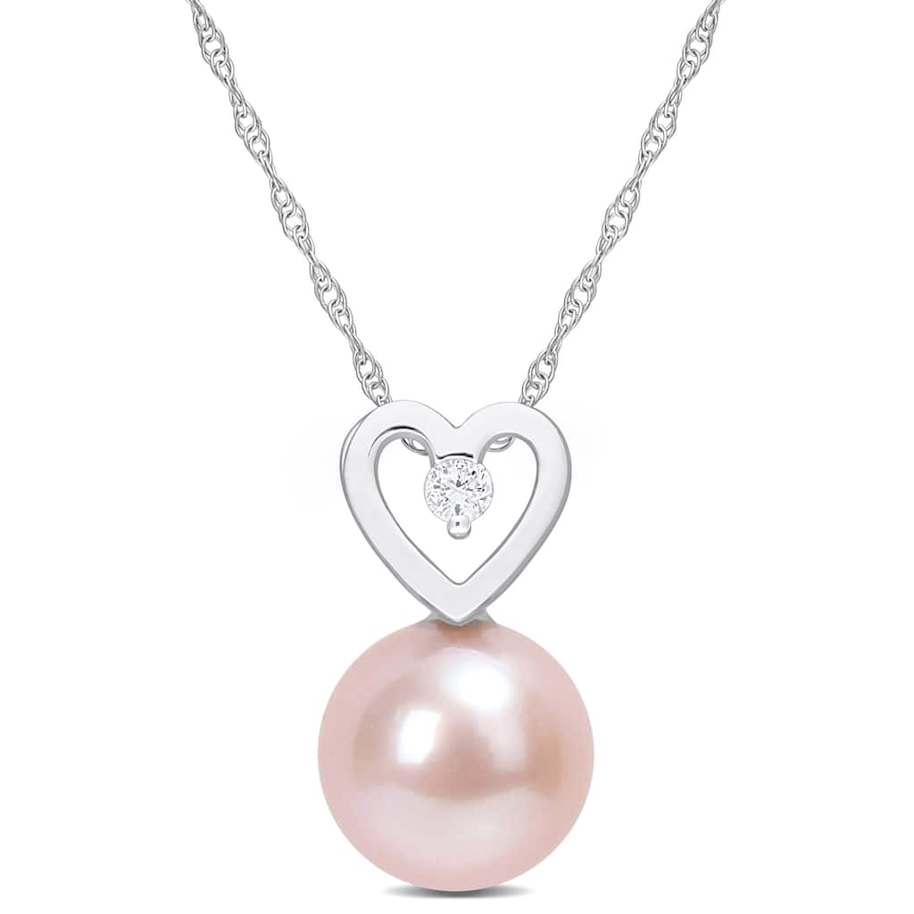 Miadora 9.5-10mm Pink Cultured Freshwater Pearl and Diamond Accent Heart Drop 10k White Gold