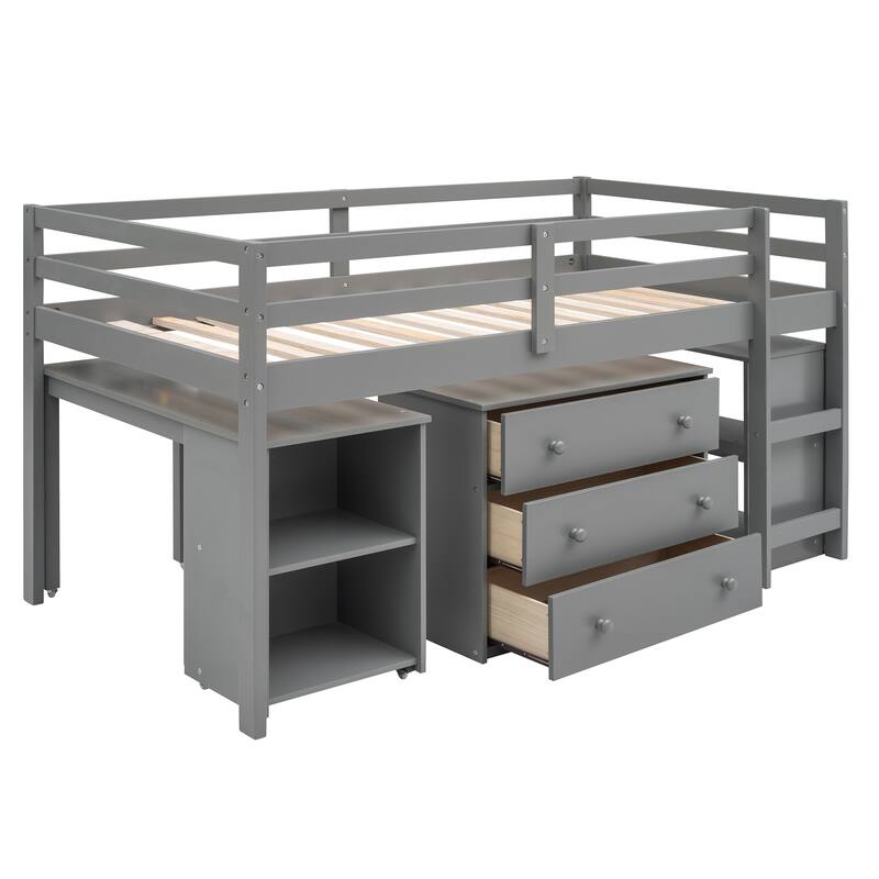 Compact Twin Loft Bed with Storage Drawers and Rolling Desk in Gray