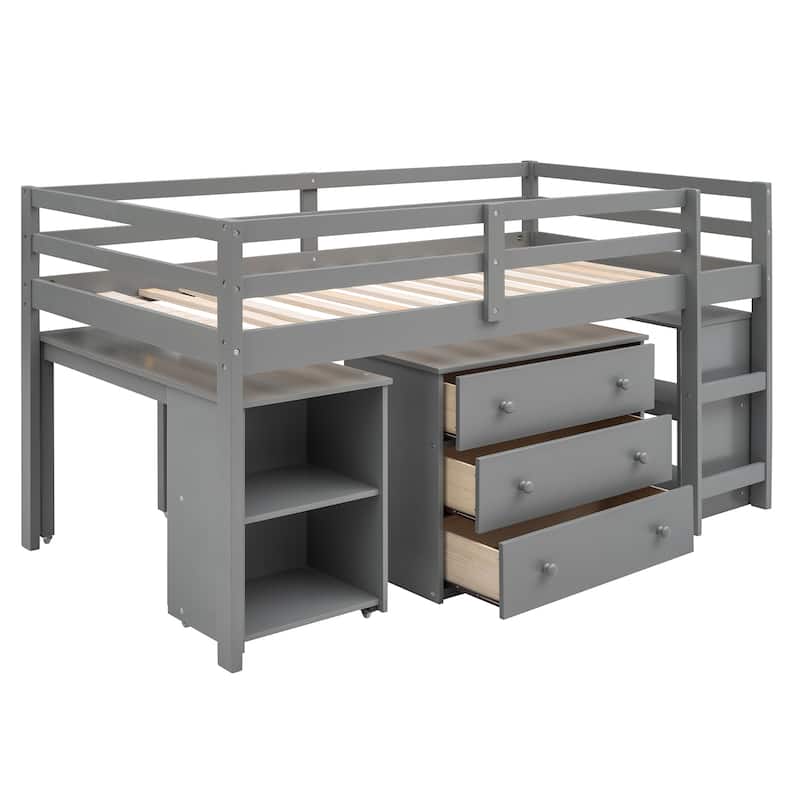 Low Loft Bed with Cabinet Shelves and Rolling Portable Desk