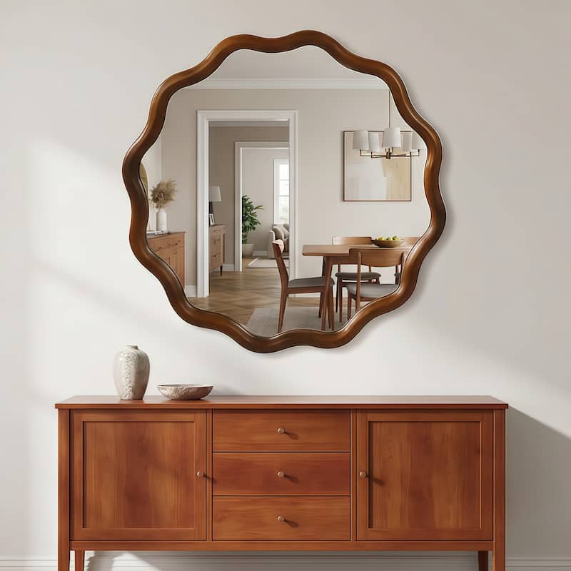 24 inch Wavy Round Solid Wood Frame Decorative Mirror,For Bedroom, Bathroom, Living Room, Entryway