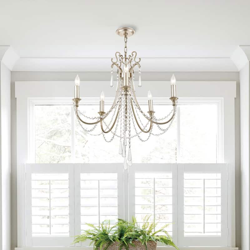 Arcadia 5 Light Antique Silver Crystal Chandelier - 23.5'' W x 28.62'' H