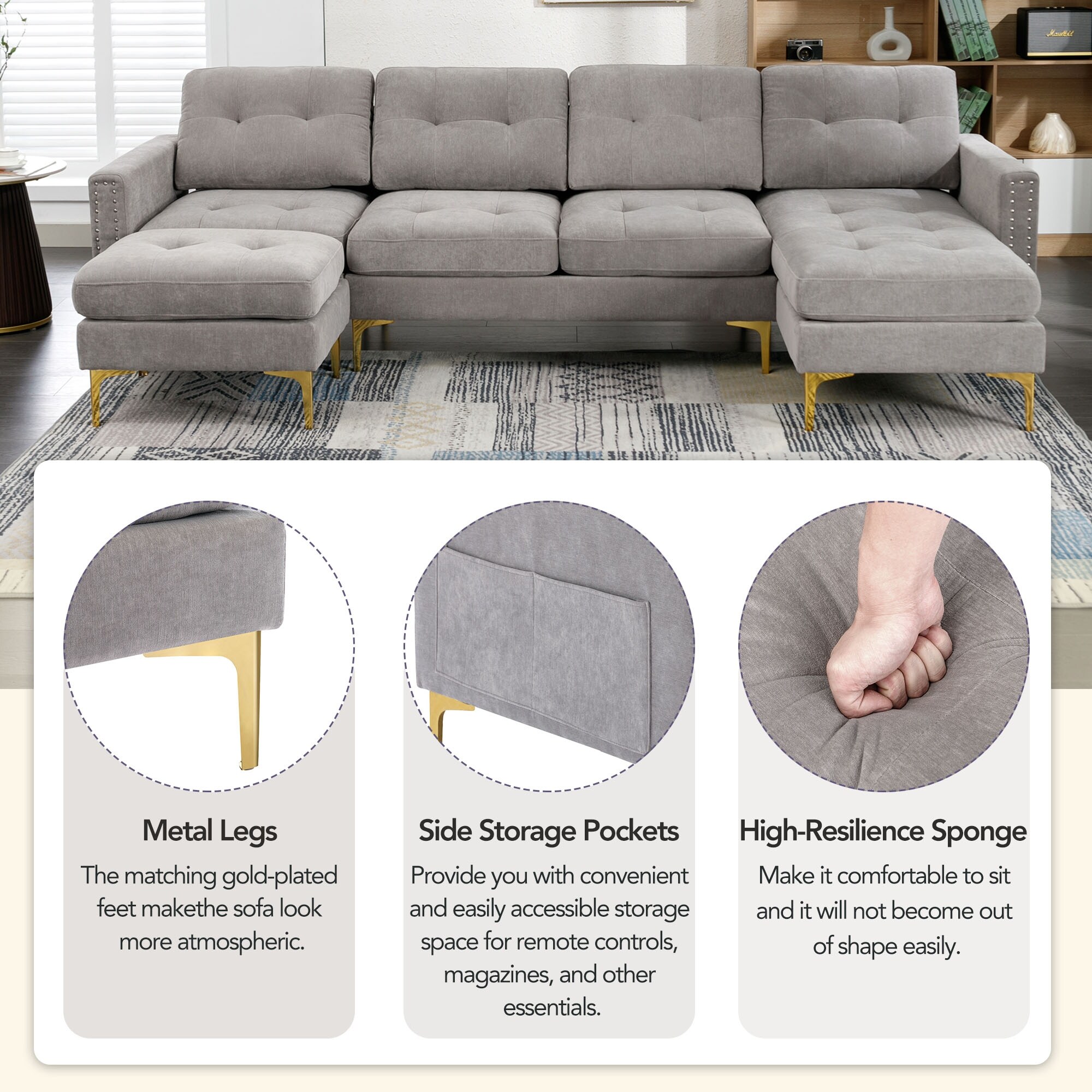 Euroco U Shaped Sectional Sofa With Ottoman Convertible Couch For