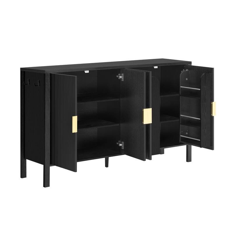 Modern 57.5" Fluted Door 4-Door Sideboard with Side Hooks and Adjustable Shelves