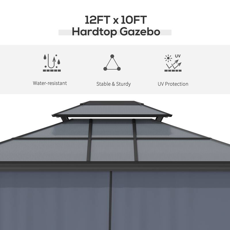 Outsunny 10x12 Hardtop Gazebo with Aluminum Frame, Polycarbonate Gazebo Canopy with Curtains, Netting