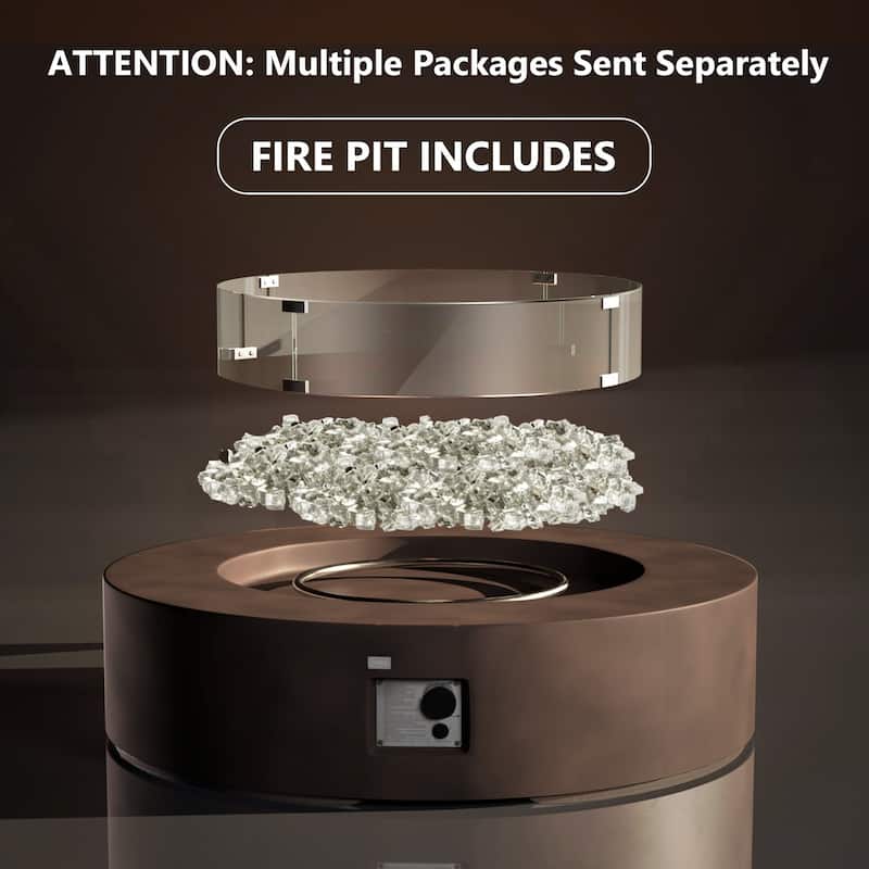 COSIEST 42'' Outdoor Round Propane Fire Pit w Wind Guard and Fire Glass