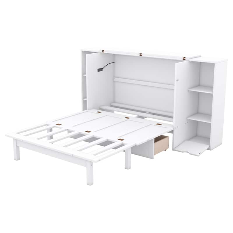 Full Size Murphy Bed with Shelves, Drawers and USB Ports - White