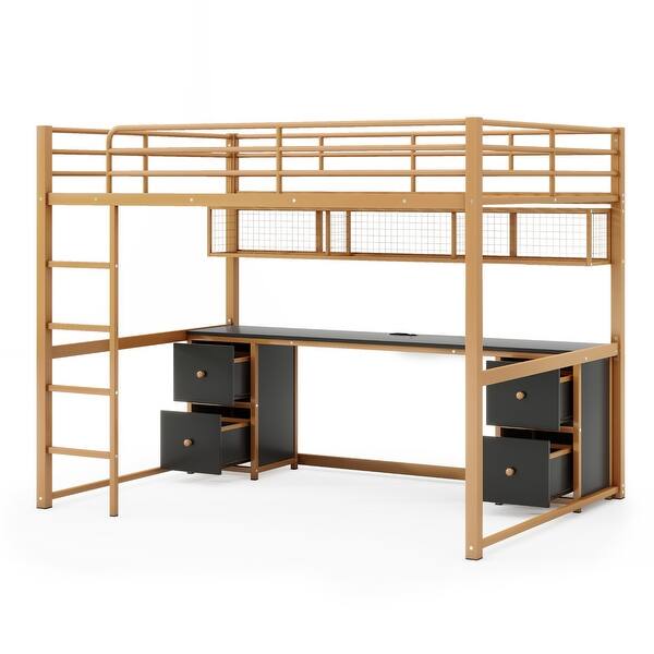 slide 2 of 11, Metal Full Loft Bed with Desk and Storage, Heavy Duty Metal Bed Frame Full Size Loft Bed for Kids Teens Adults, Gold+Black Gold+Black - Full