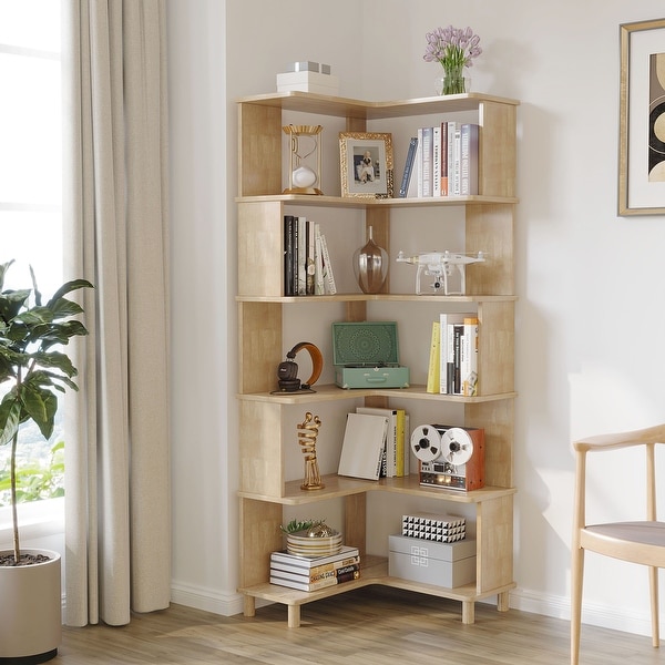 Solid Wood Corner Bookshelf, 6-Tier Oak Storage Rack for Small