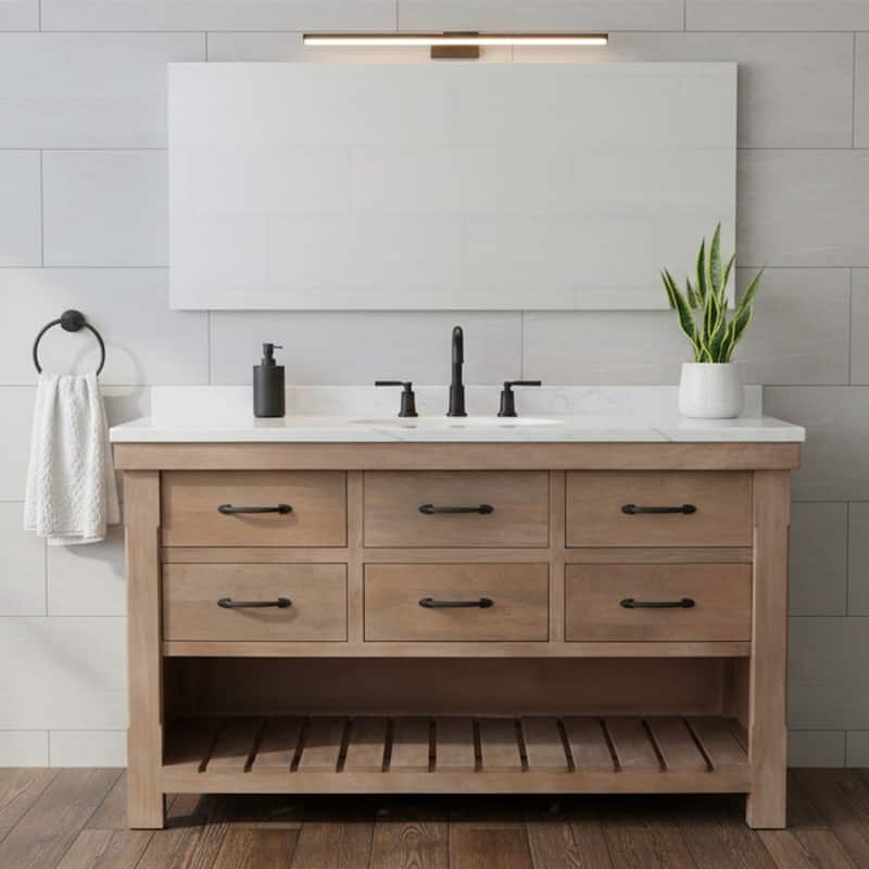 Deluxe natural finish vanity with 30 mm white marble top