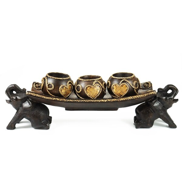 Handmade Thai Elephant Tray Carved Rain Tree Wooden Candle Holder (Thailand)