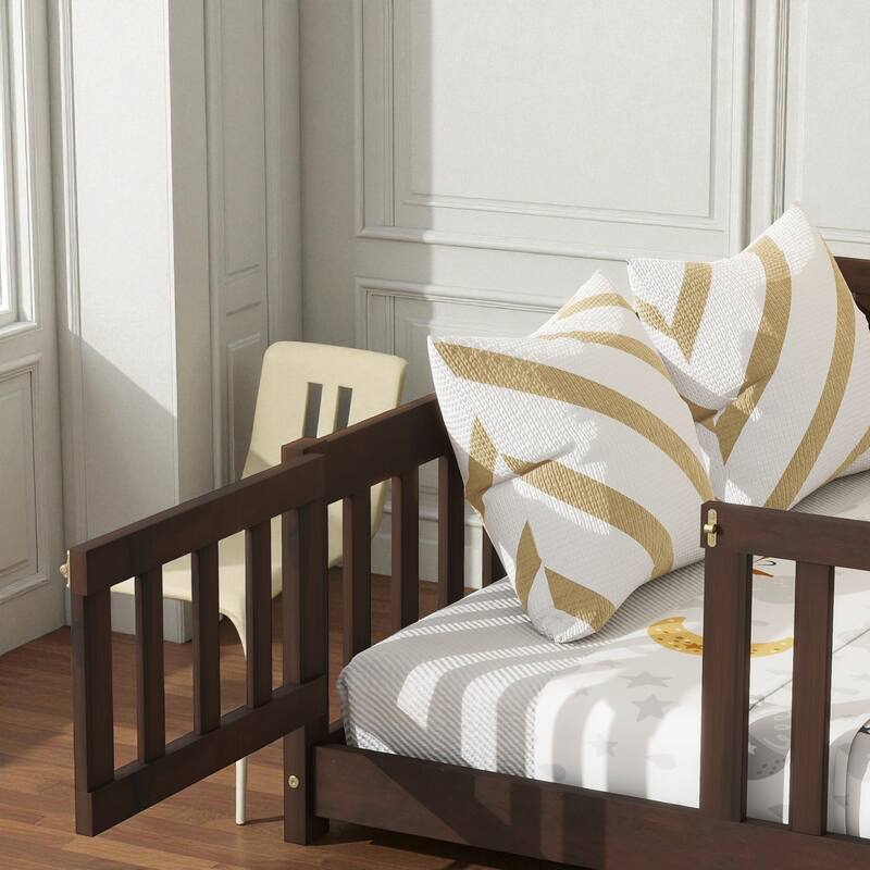Full Size Rubber Wood Floor Bed with Fence and Door, Montessori Platform Bed with Safety Guardrails for Kids