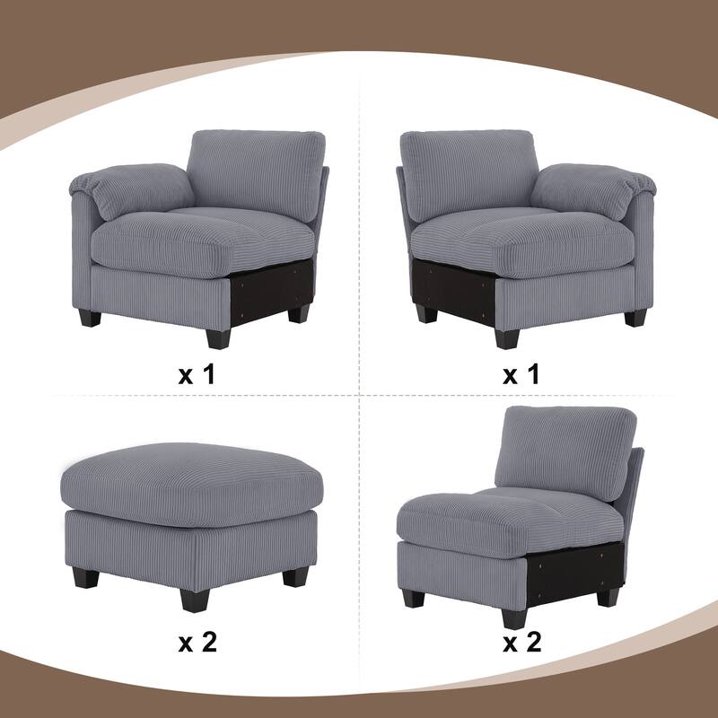 Multi-Seater Corduroy Sectional Sofa, Modular Settee, Included Removable Ottomans