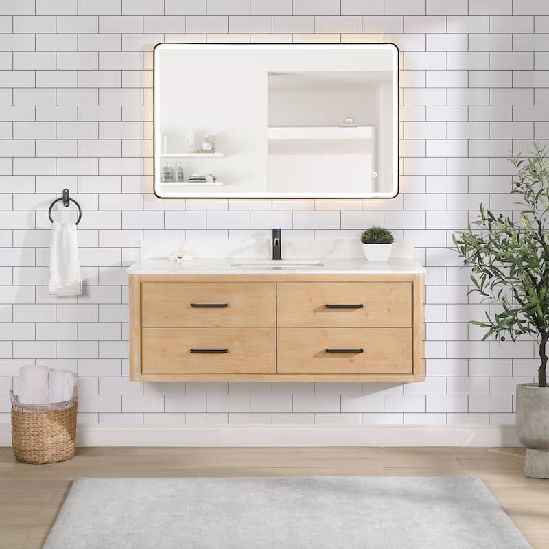 Cristo Floating Bath Vanity with White Quartz Stone Top without Mirror